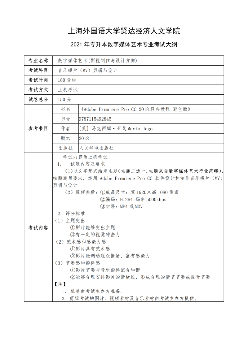 上海外国语大学贤达经济人文学院专升本考试大纲